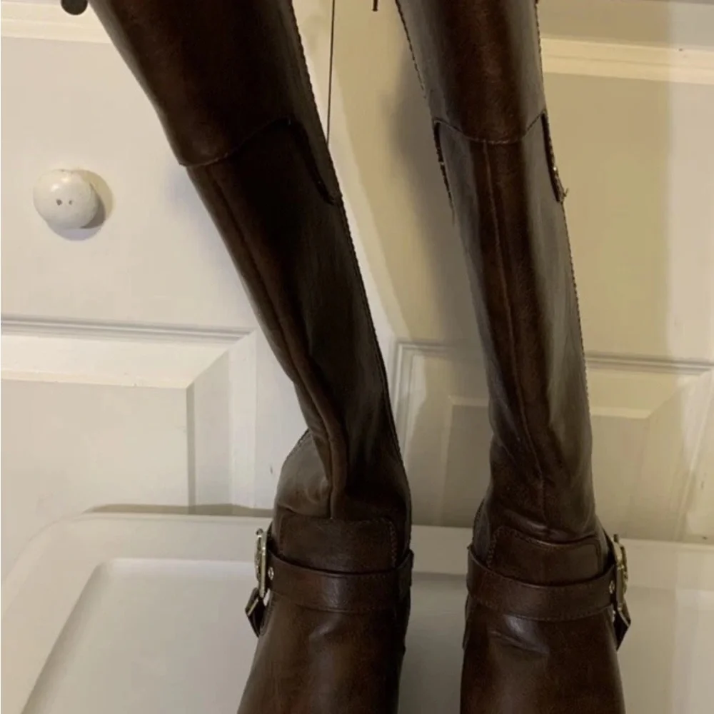 G by Guess womens sz 9M Dark Brown tall riding faux‎ leather buckle zip Boots